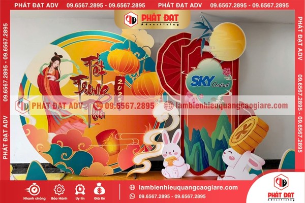 Mẫu backdrop Trung Thu truyền thống với trăng, đèn lồng và hoa sen