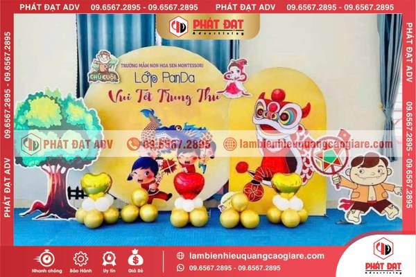 Mẫu backdrop Trung Thu truyền thống với trăng, đèn lồng và hoa sen